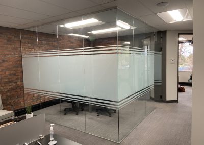 Conference room privacy window film band with large middle stripe and small top and bottom stripes