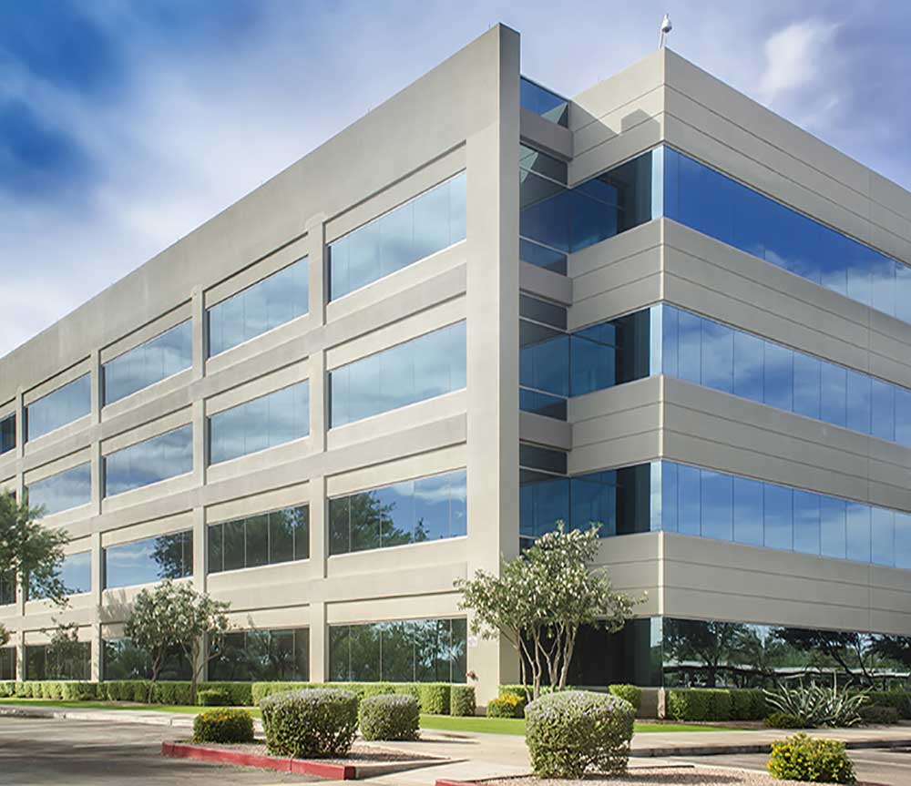 Reflective window film on a commercial building