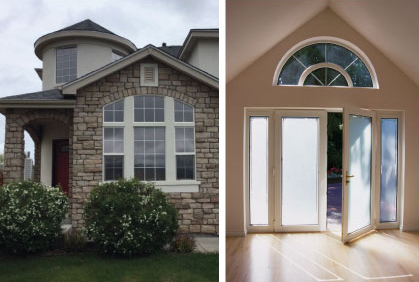 House with solar window film and doors with a frost film for privacy